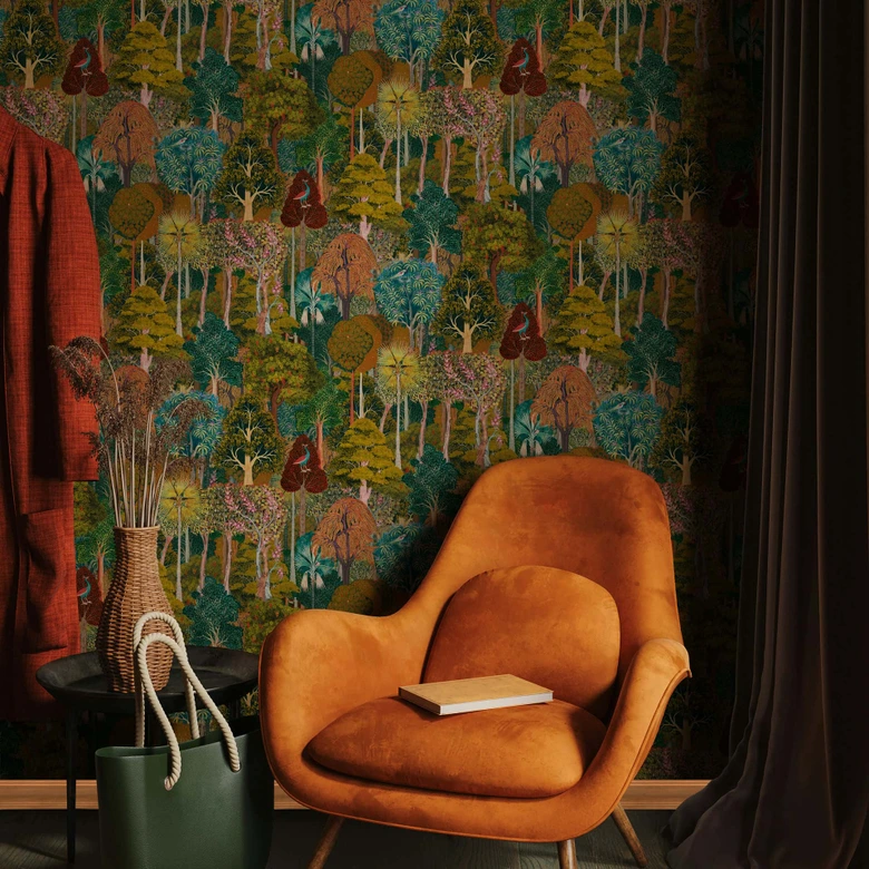 Papier peint intissé forêt, arbres floral nature en vert 