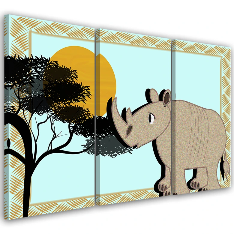 Leinwandbild 3-teilig, Rhinozeros Tiere Kinder 