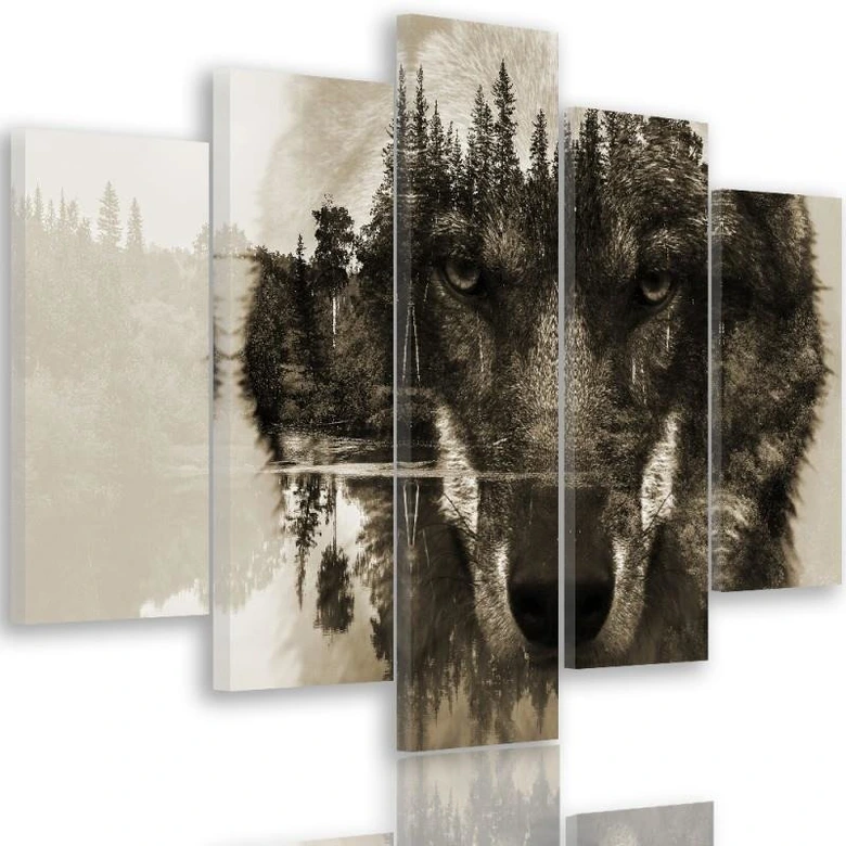 Wandbild 5-teilig, Wolf Wald Tiere Natur 