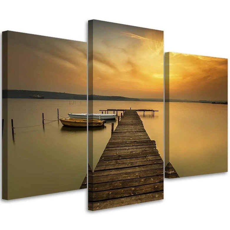 Leinwandbild 3-teilig, Steg Boot See Sonnenuntergang 