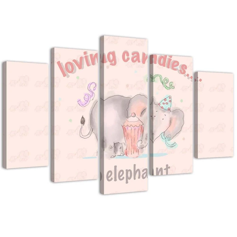 Leinwandbild 5 teilig, Rosa Elefant 
