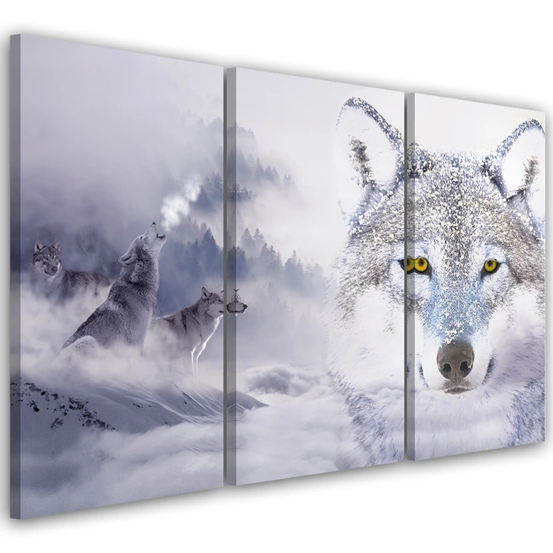 Leinwandbild 3-teilig, Wolf Wald Nebel Natur Grau 