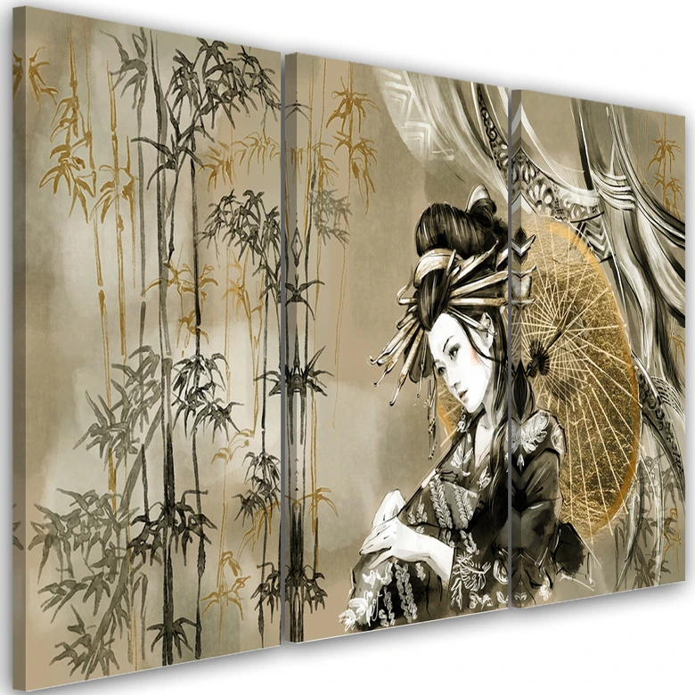 Leinwandbild 3 teilig, Geisha und Bambus 