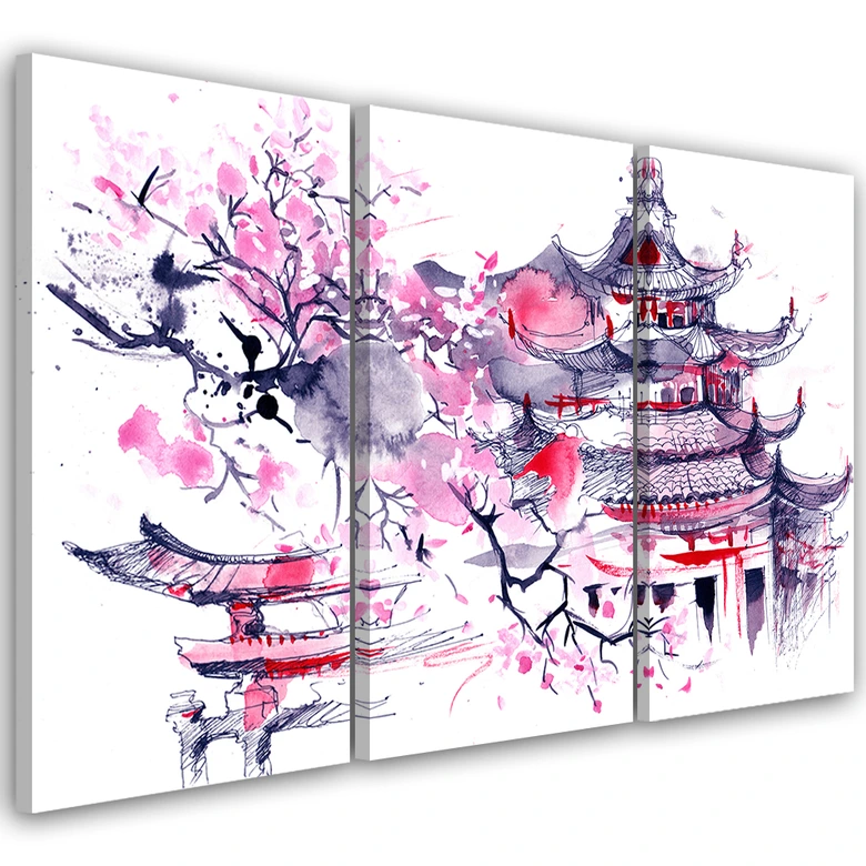 Leinwandbild 3-teilig, Pagode Kirschbaum Japan Gemalt 
