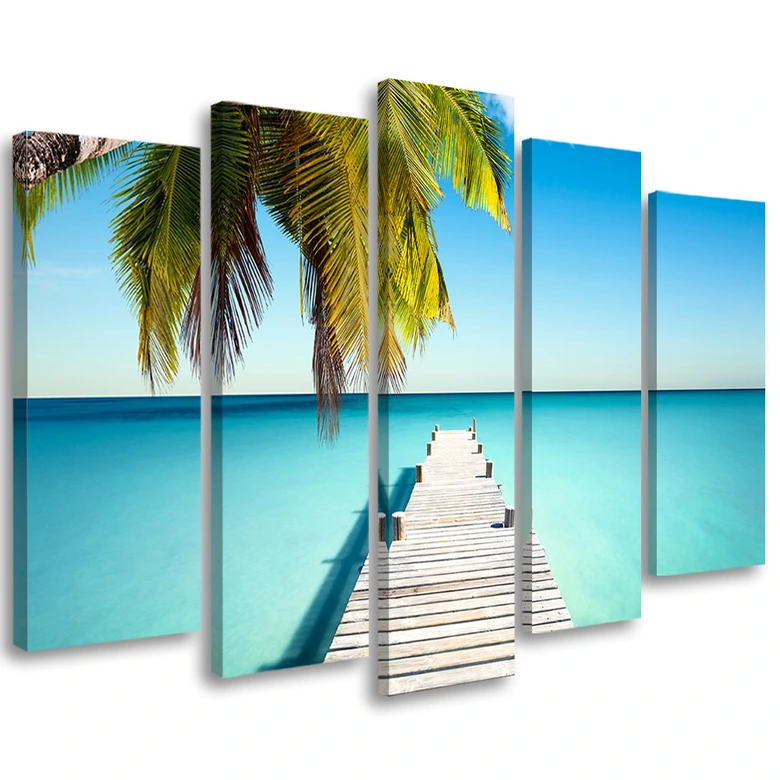 Leinwandbild 5 teilig, Tropischer Strand mit Palmen 