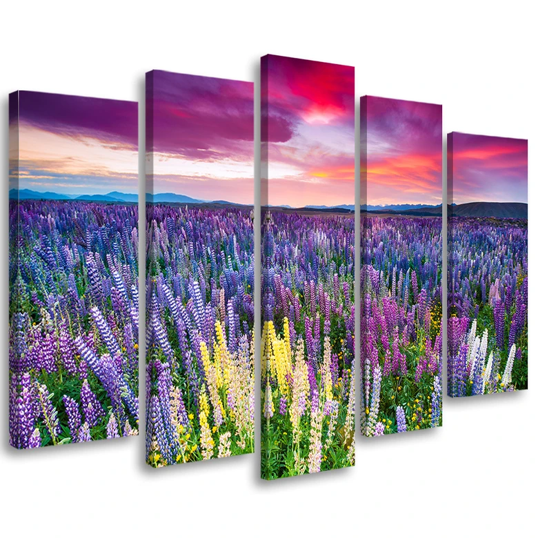 Leinwandbild 5 teilig, Blumen Wiese Lila 
