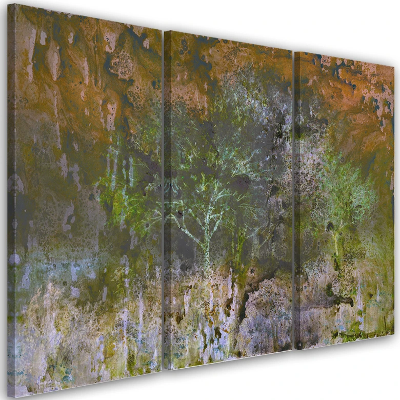 3-delige canvasprint, een bloeiende boom in de roestweide 