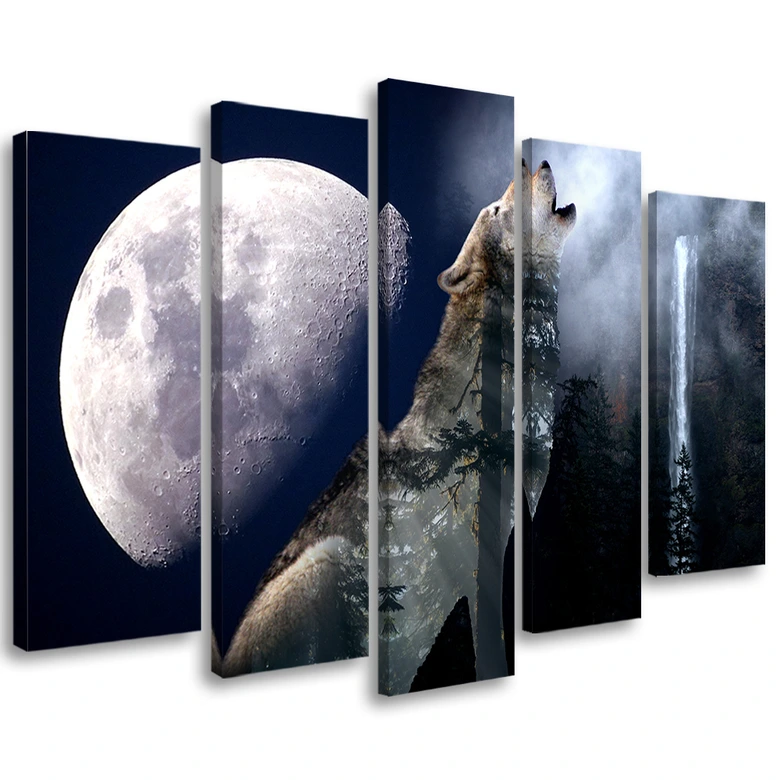 5-delige canvasprint, Wolf Nature Moon Fog 