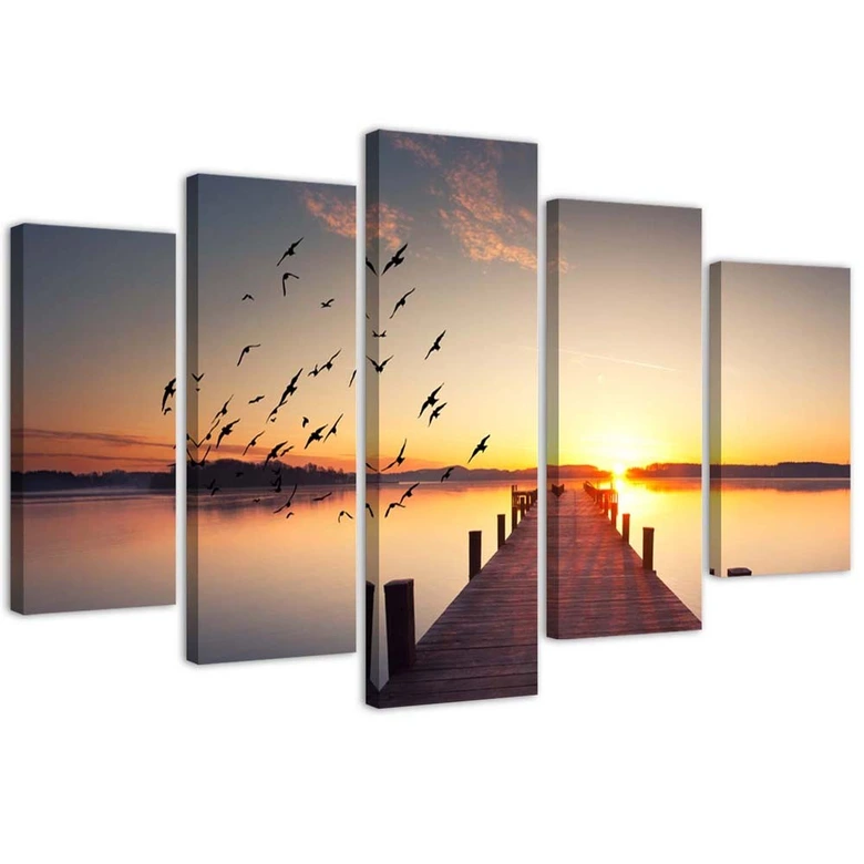 Leinwandbild 5 teilig, Steg Vögel Sonnenuntergang 
