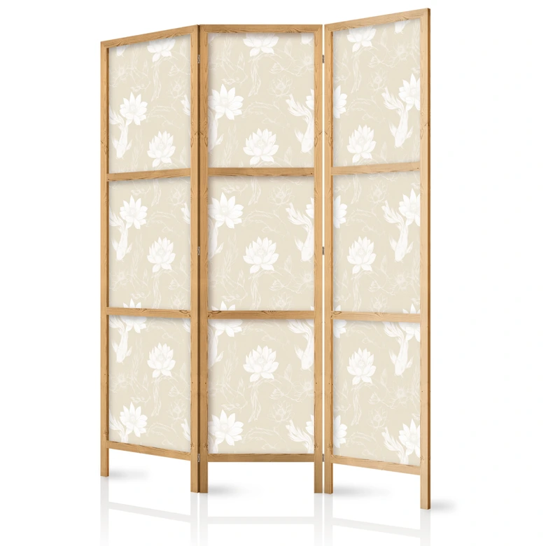 Japanischer Paravent, Raumteiler freistehend, Trennwand - Fish and Water Lilies: Sand-Beige Background 