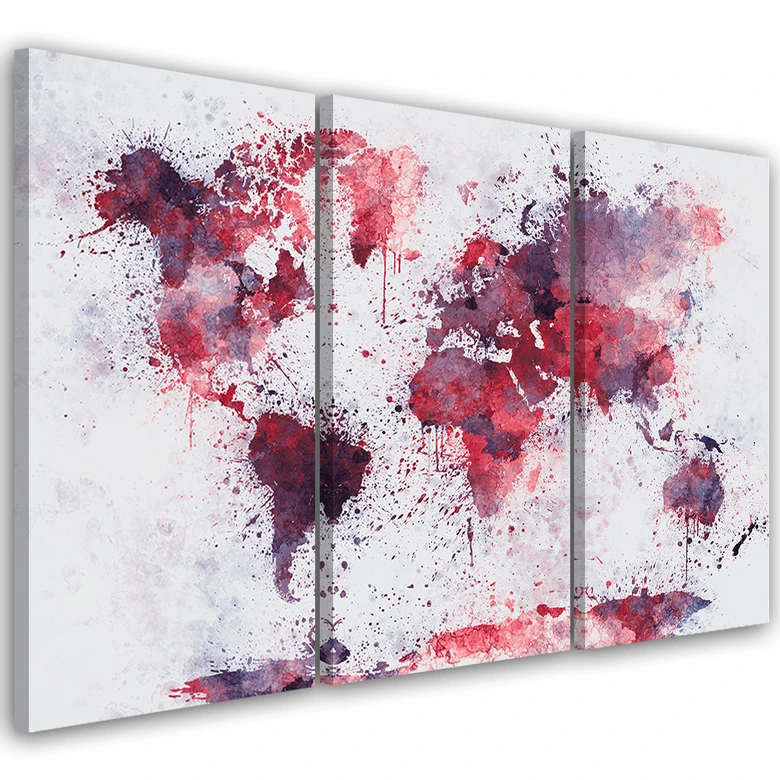 Leinwandbild 3-teilig, Weltkarte Rot 