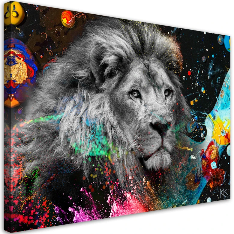 Canvas schilderij, leeuw op kleurrijke achtergrond 