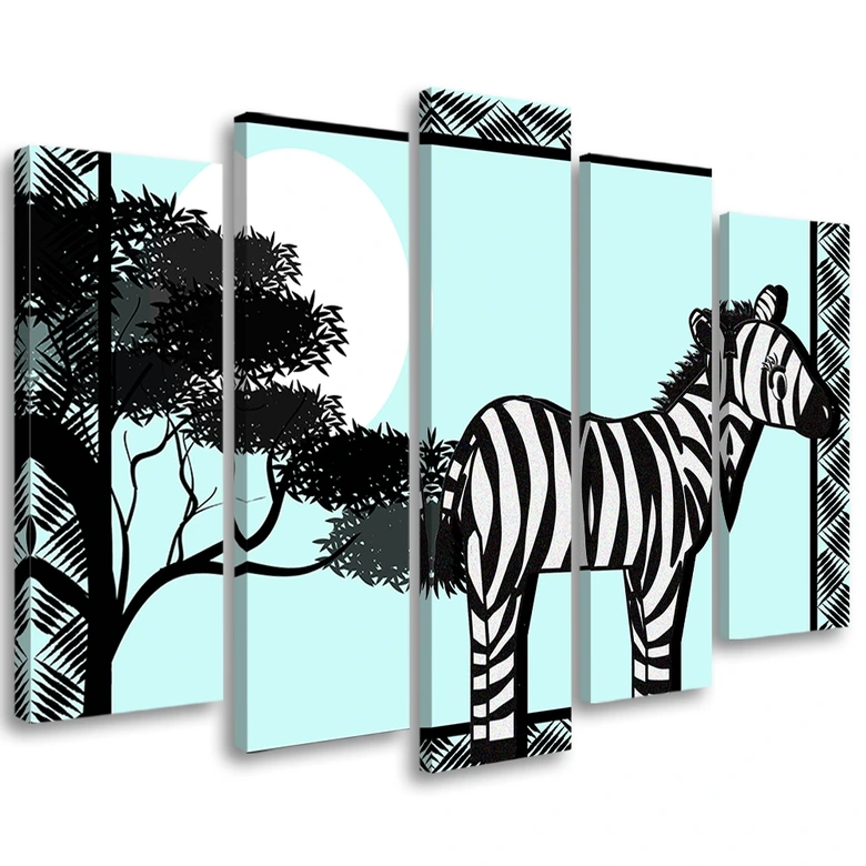 Leinwandbild 5 teilig, Zebra Safari Blau 