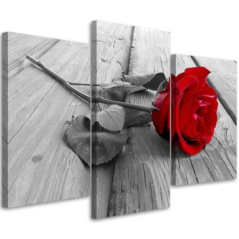 Leinwandbild 3-teilig, Rose Blumen Holz Steg 