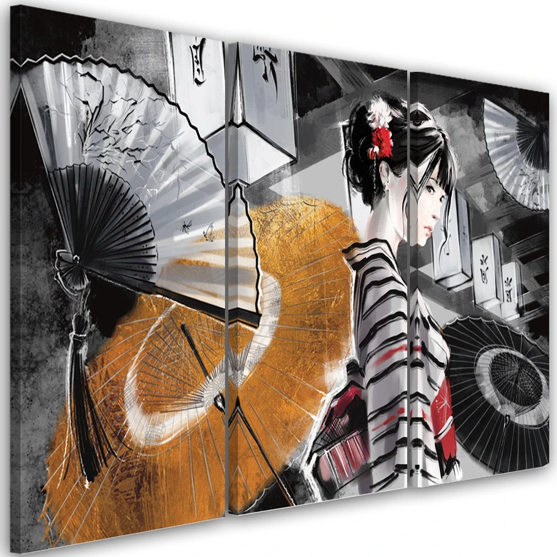 Leinwandbild 3 teilig, Geisha mit einem Fan 