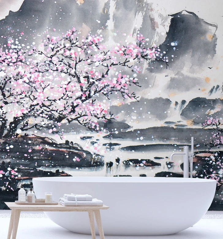 Fototapete, Blühender Kirschbaum Japan Landschaft 
