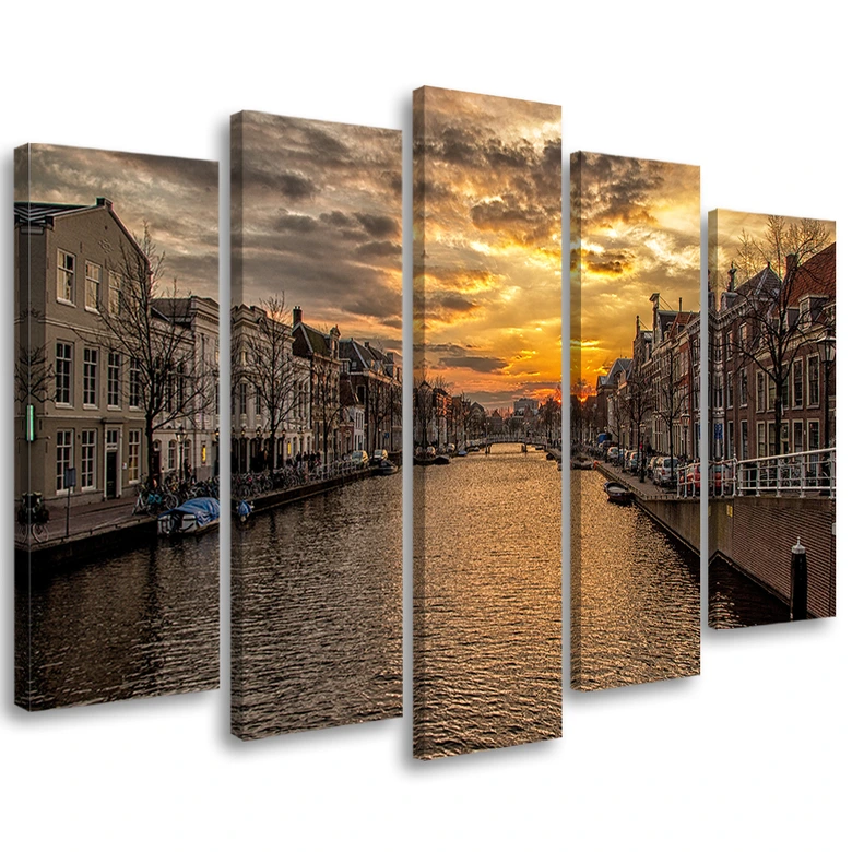 Canvas print 5 stuks, Amsterdamse grachtenpanden stad 