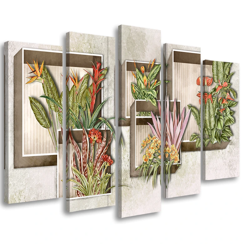 Leinwandbild 5 teilig, Quadratkisten Regale mit Blumen 