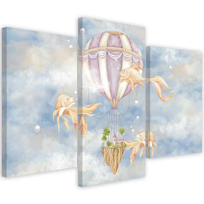 Leinwandbild 3 teilig, Heißluftballon fliegendes Haus und Fisch 