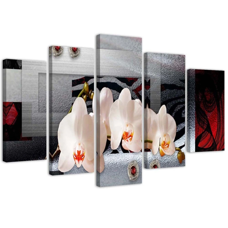 Leinwandbild 5 teilig, Abstrakte Orchideen Weiß 