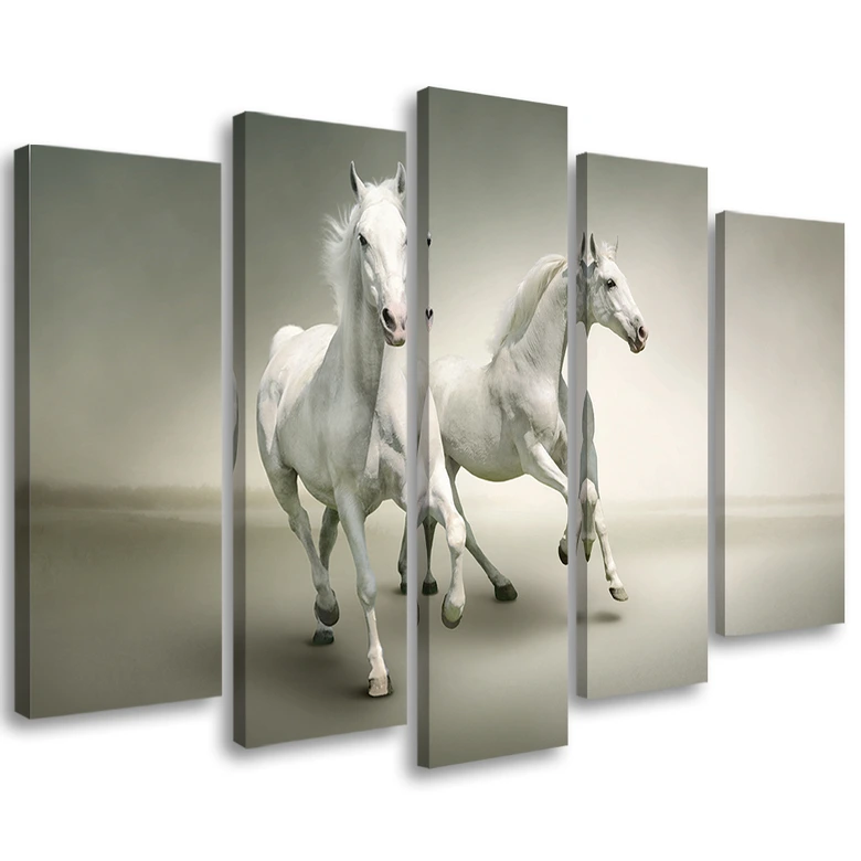 Wandbild 5-teilig, Weiße Pferde im Galopp 