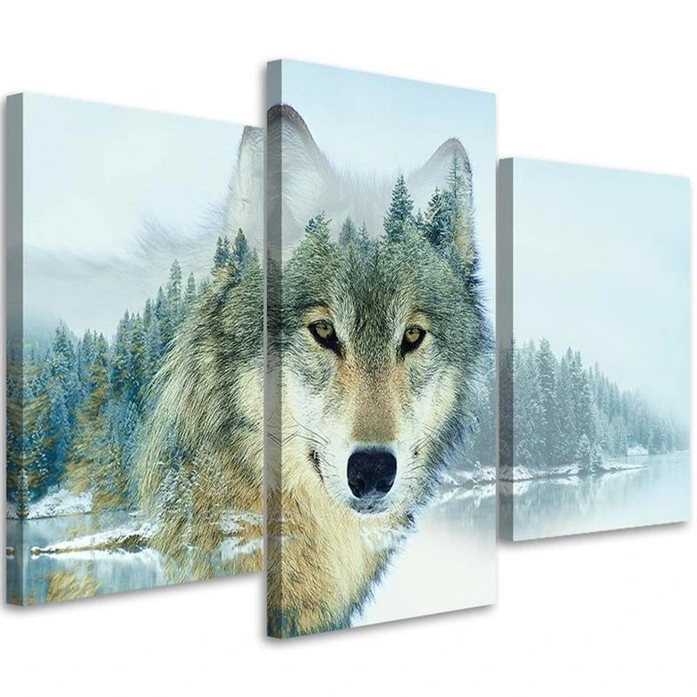Leinwandbild 3-teilig, Wolf Wald Berge Natur 