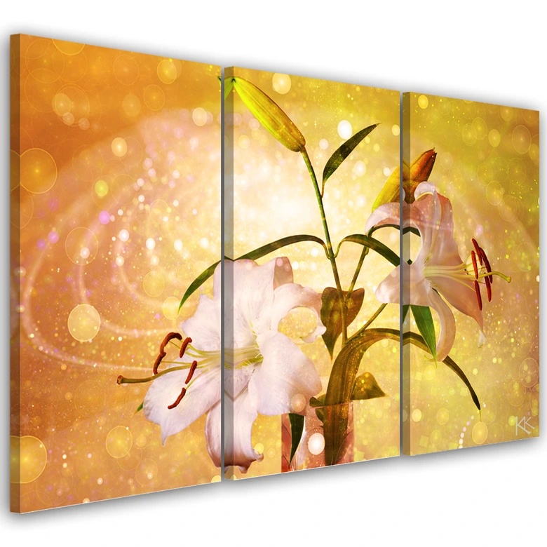 Leinwandbild 3 teilig, Lily auf gelben Hintergrund 