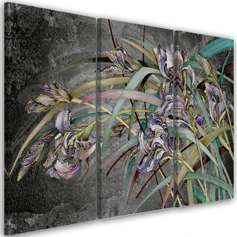 Leinwandbild 3 teilig, Iris Blumen im Wind 