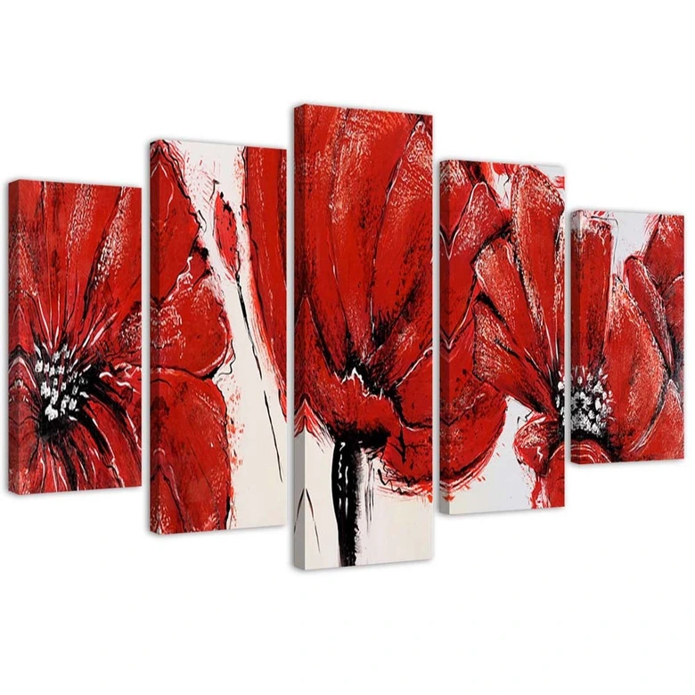 Leinwandbild 5 teilig, Rote Acrylblumen 