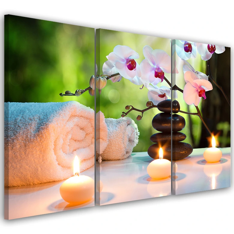 Leinwandbild 3-teilig, Handtuch Blumen Kerzen 