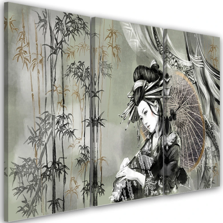 Leinwandbild 3 teilig, Geisha und Bambus 