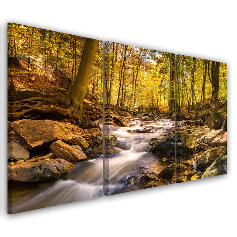 Leinwandbild 3-teilig, Herbstwald Bergbach 