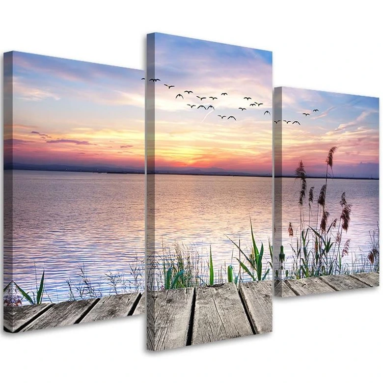Leinwandbild 3-teilig, Sonnenuntergang Steg See 