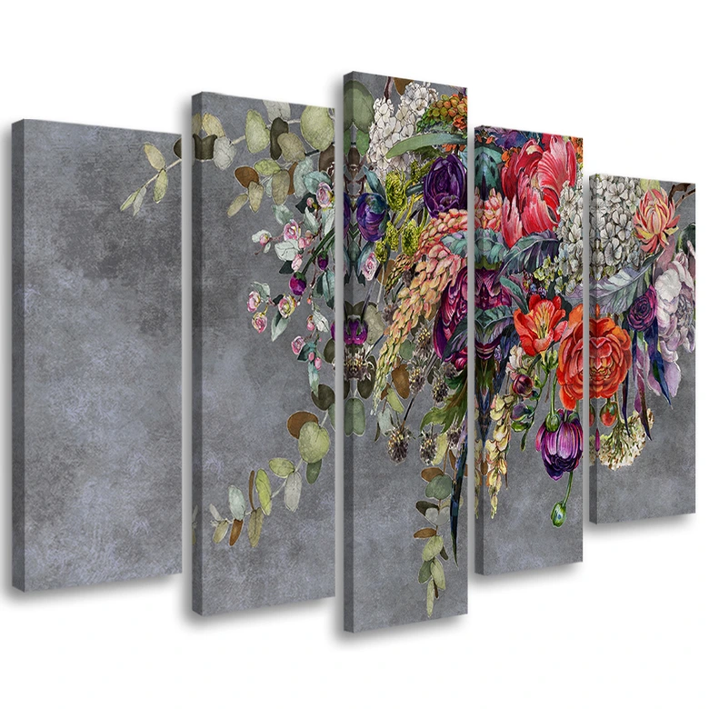 Canvas print 5 stuks, boeket bloemen 