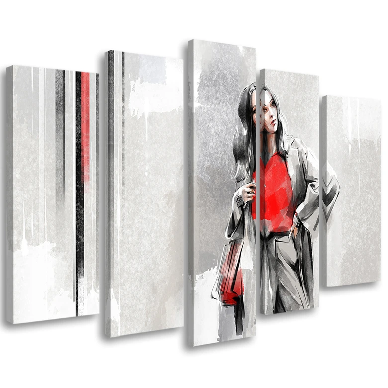 5-delige canvasprint, een vrouw in een jas 
