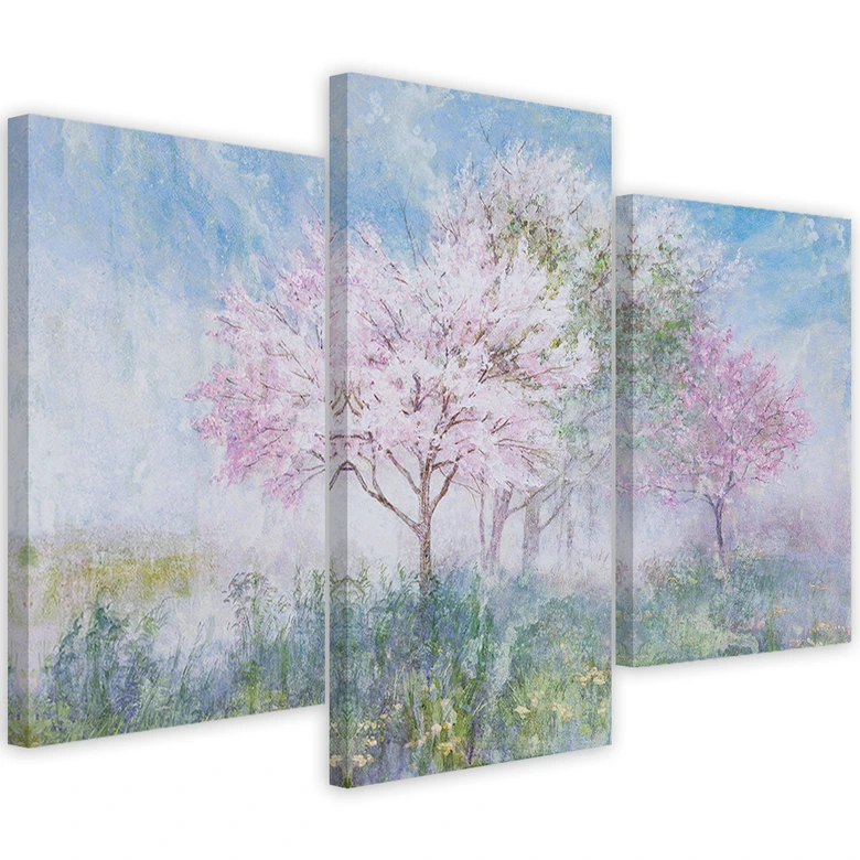 Leinwandbild 3 teilig, Ein blühender Baum in der Wiese 