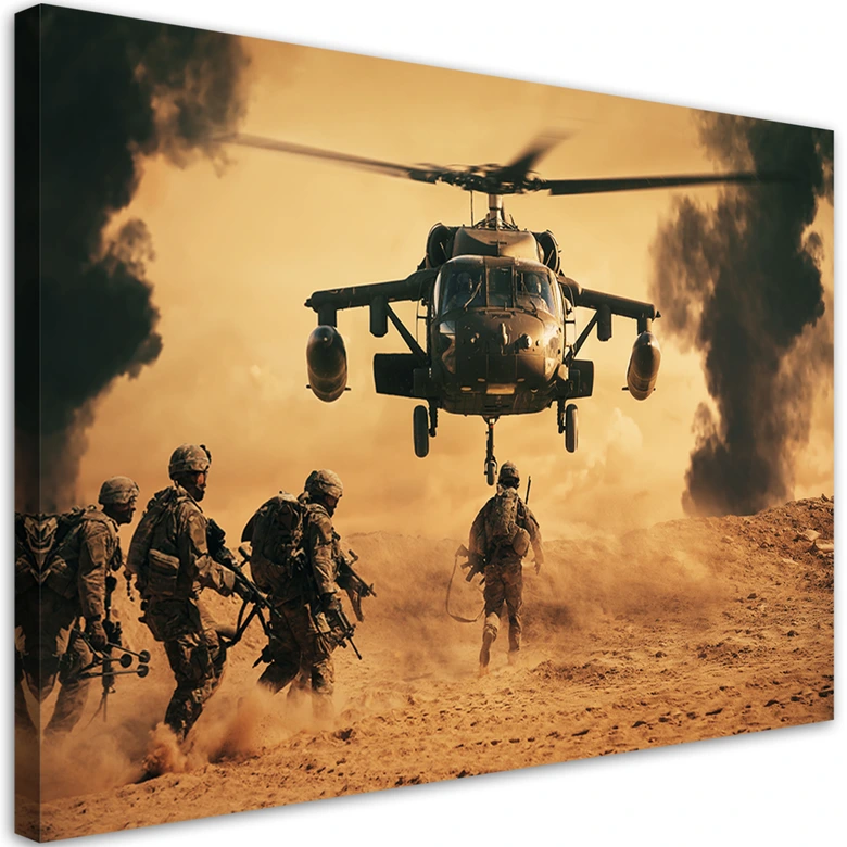 Leinwandbild, Hubschrauber und Soldaten 