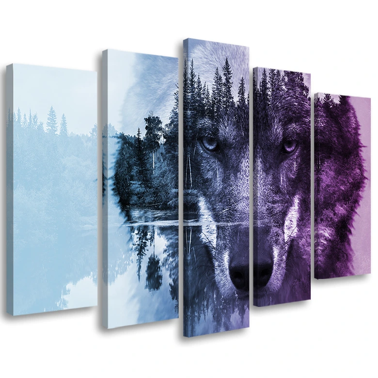 Leinwandbild 5 teilig, Wolf Tiere Wald Violett 