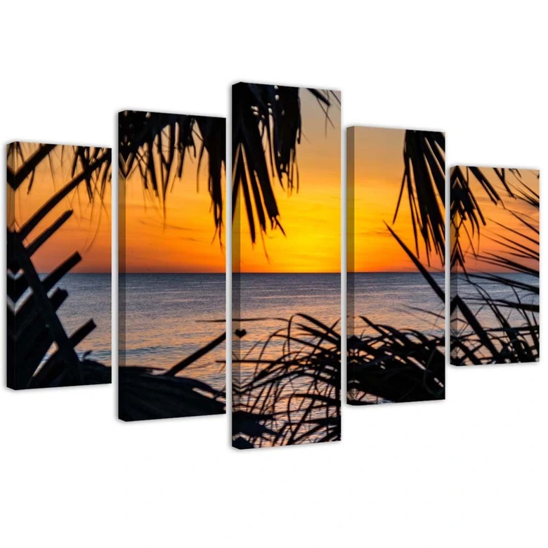 Leinwandbild 5 teilig, Meer Palmen Sonnenuntergang 
