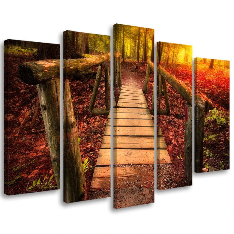 Leinwandbild 5 teilig, Herbst Wald Blätter Brücke 