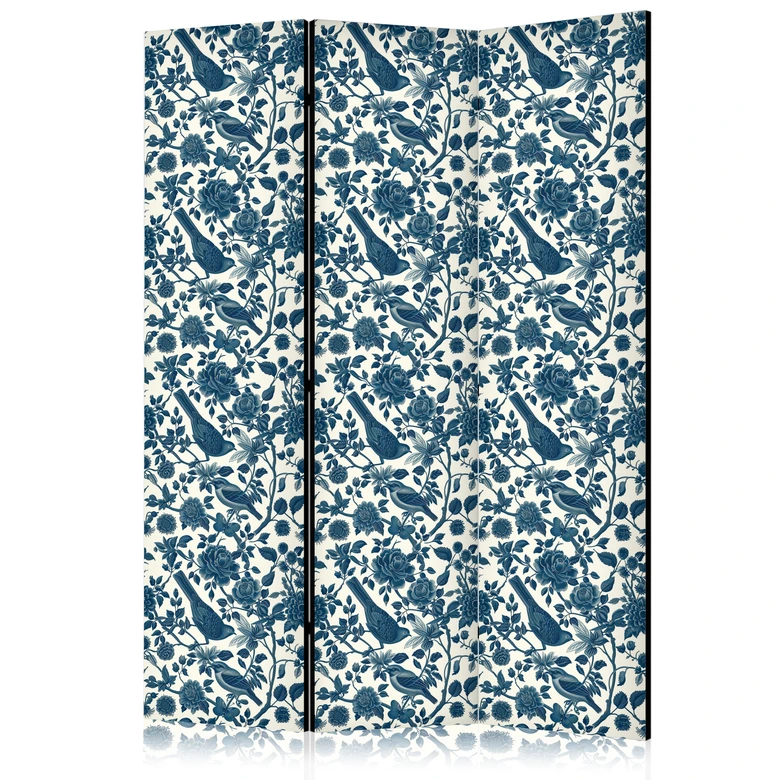 Paravent, Raumteiler freistehend, Trennwand - Rose Vines - Monochromatic Blue Birds Resting Among Roses 