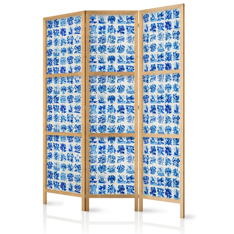 Japanischer Paravent, Raumteiler freistehend, Trennwand - Ceramic Tiles: Traditional Portuguese Blue 