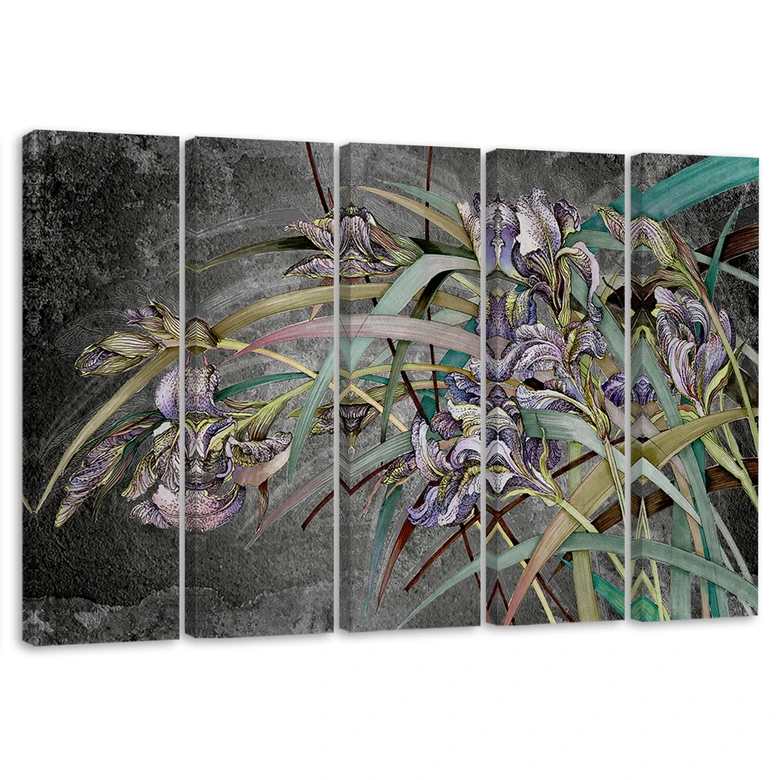 Leinwandbild 5 teilig, Iris Blumen im Wind 