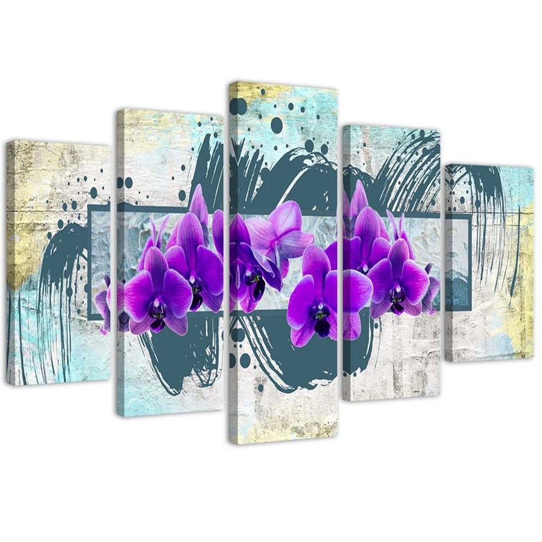 5 stuk canvas print, orchideeën violette abstractie 