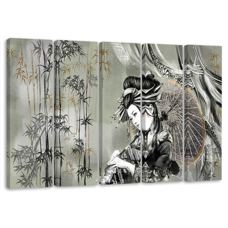 Leinwandbild 5 teilig, Geisha und Bambus 