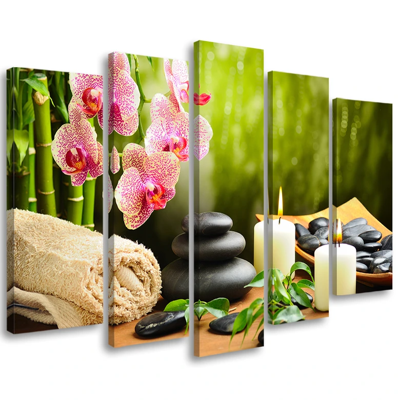 Leinwandbild 5 teilig, Zen Spa Steine Blumen 