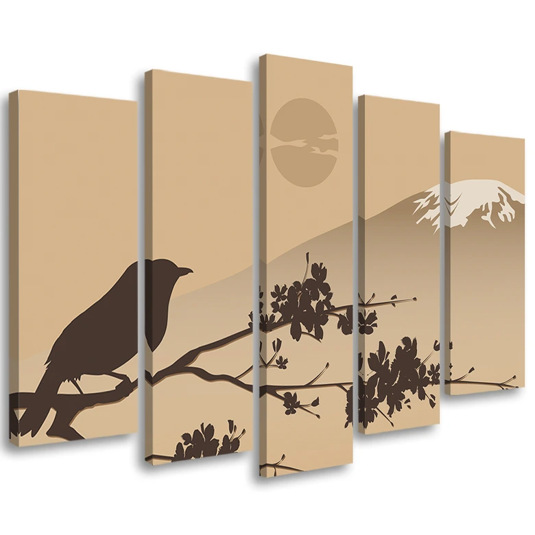 Leinwandbild 5 teilig, Japan Fuji Vogel Beige 