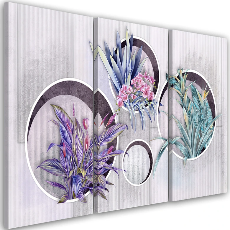Leinwandbild 3 teilig, Quadratkisten Regale mit Blumen 