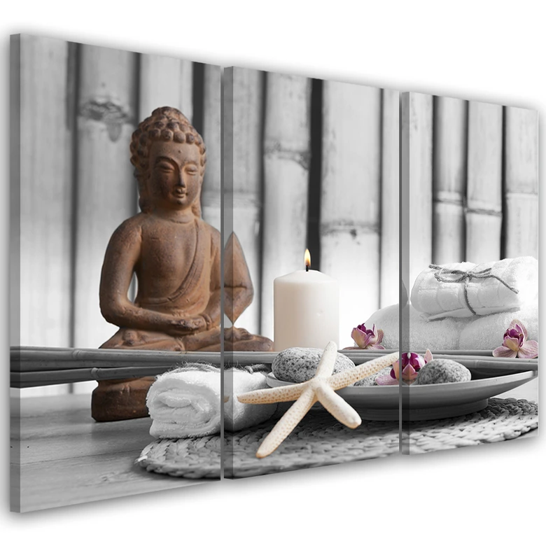 3-delige canvas print, Boeddha Zen Spa grijs 
