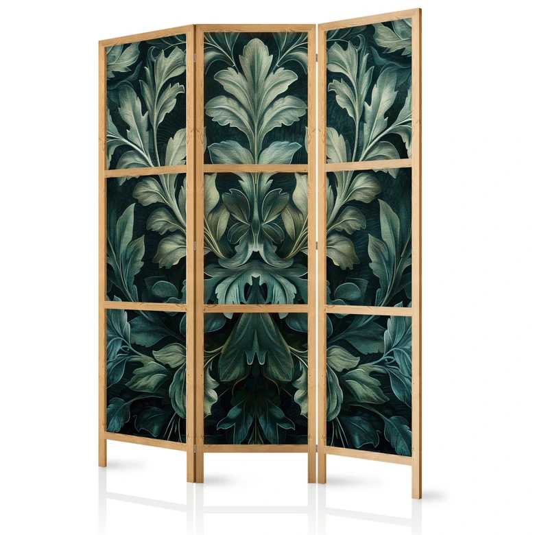 Japanischer Paravent, Raumteiler freistehend, Trennwand - Dark Green Victorian Leaves: Botanical Carving 